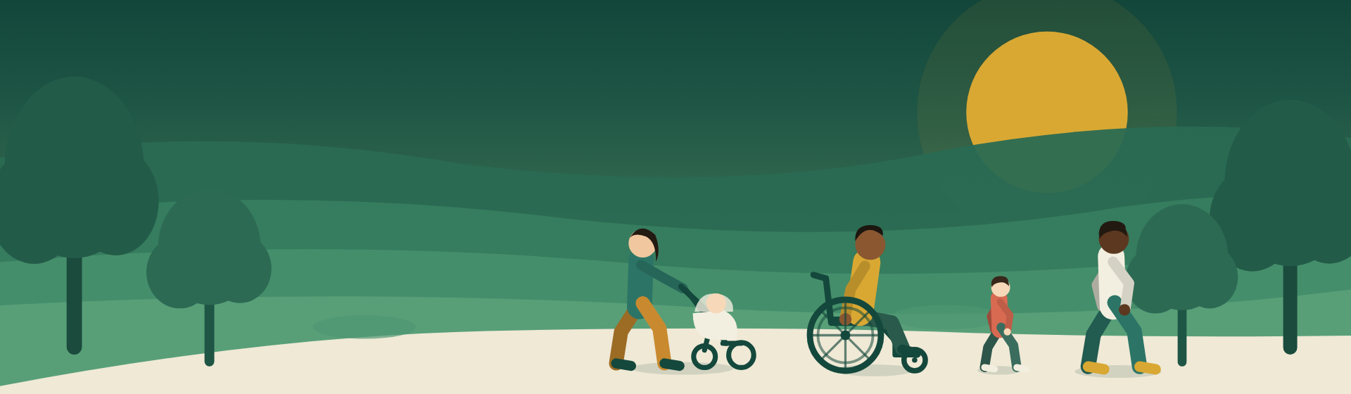 People of different abilities walking and rolling together at sunset in a park, including a wheelchair user, a parent pushing a stroller, and a child